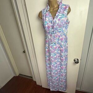 It’s Better Double Knit Trippy Vintage 60’s70’s HotPink Blue Tie Ruffle Dress 11